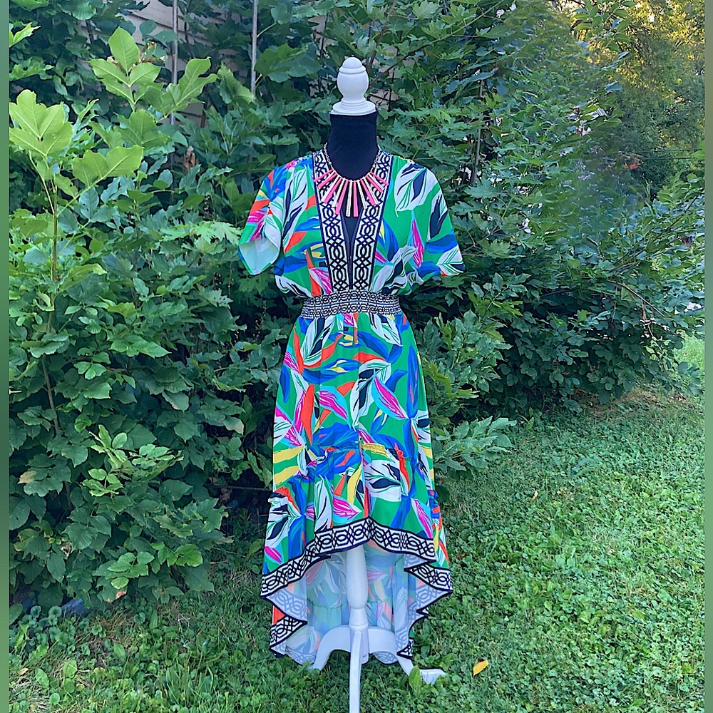 Flying Tomato Asymmetrical Leaf Print Dress, size S